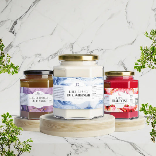 Pack découverte 3 miels premium Désir d'Orient - miel blanc Kirghizistan framboise nigelle